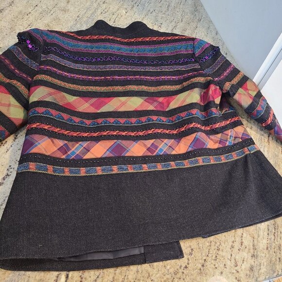Coldwater Creek Size 12 Petite Denim Blazer Geometric Southwestern Sequin - Picture 12 of 13